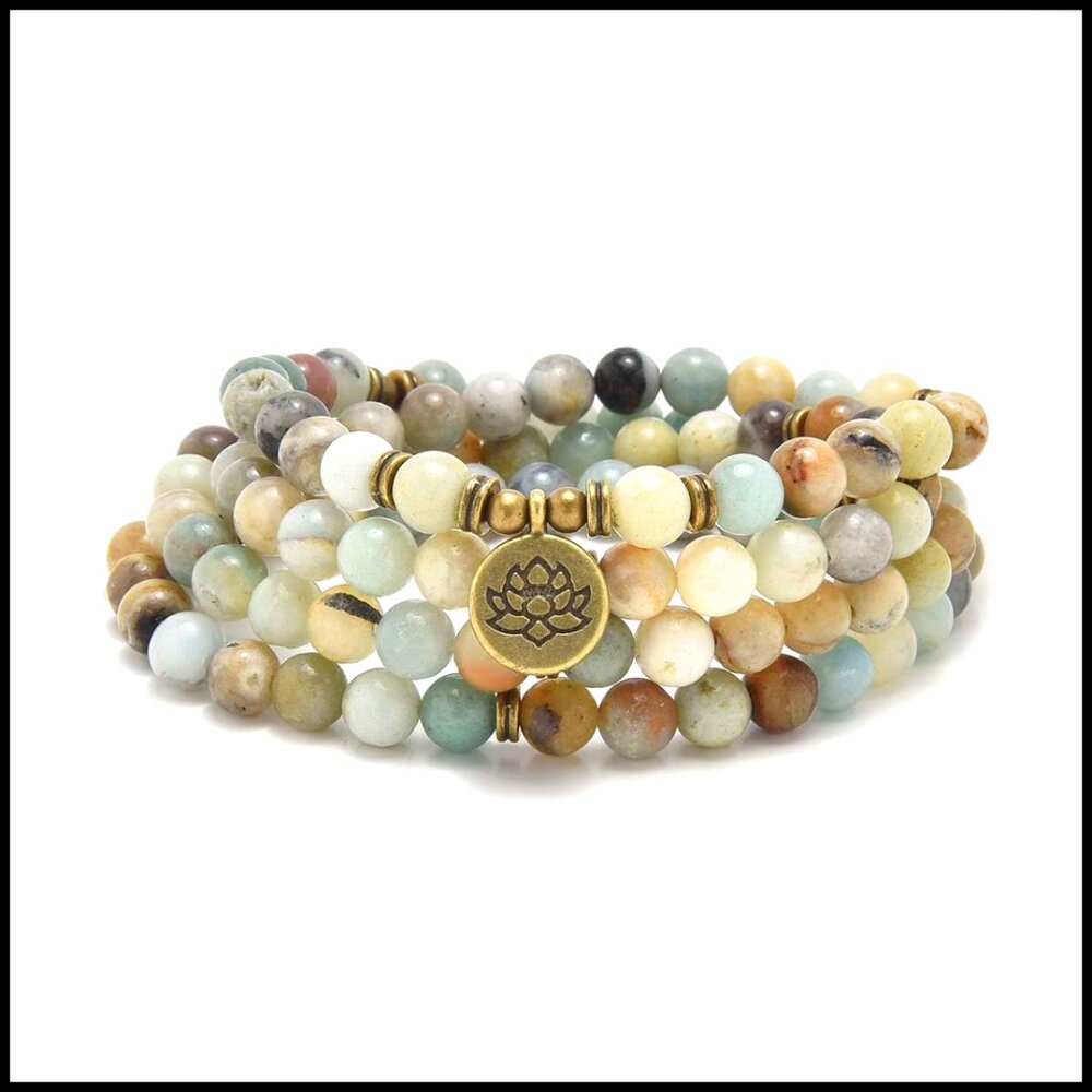 108 Natural Stone Mala Yoga Bracelet Lotus Charm Meditation Boho Spiritual